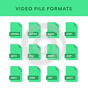 Set of video File Formats and Labels in flat icons style. Vector illustration