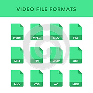 Set of video File Formats and Labels in flat icons style. Vector illustration
