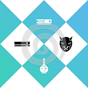 Set Video game console, Bottle with magic elixir, and Mask of the devil horns icon. Vector