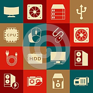 Set Video graphic card, Case of computer, Computer cooler, Server, Data, Web Hosting, mouse, Processor with CPU, monitor