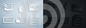 Set Video graphic card, Hard disk drive HDD, Keyboard, Server, Data, Web Hosting, Computer mouse and camera icon. Vector