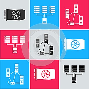 Set Video graphic card, Server, Data, Web Hosting and Computer network icon. Vector