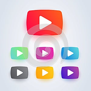 Set of video play button icon with different colors. Vector web element.