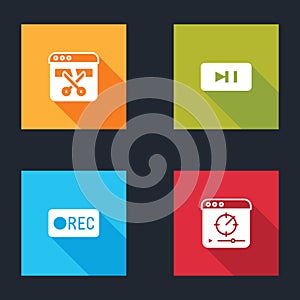 Set Video recorder or editor, Pause button, Record and Online play video icon. Vector