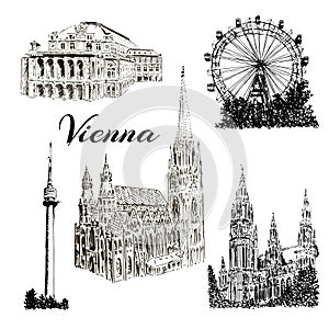 Set of Vienna symbols Vector hand drawn ink pen sketch illustration. Donauturm, Stephansdom, Rathaus, Prater