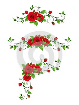 Set of vignettes with red rose vines. Vector illustration.