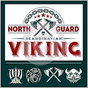 Set of viking emblems, labels and logos. Monochrome style