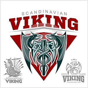 Set of viking emblems, labels and logos. Monochrome style