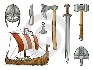 Set viking. Knife, drakkar, axe, helmet, sword, hammer, thor amulet