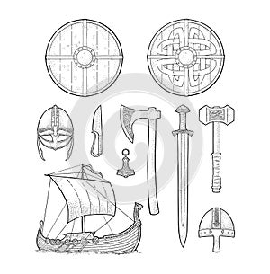 Set viking. Knife, drakkar, axe, helmet, sword, hammer, thor amulet