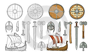 Set viking. Knife, drakkar, axe, helmet, sword, hammer, thor amulet