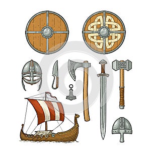 Set viking. Knife, drakkar, axe, helmet, sword, hammer, thor amulet