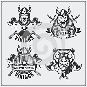 Set of viking labels, badges and emblems. Horned helmet, warrior, shield, sword and ax. Vintage style.