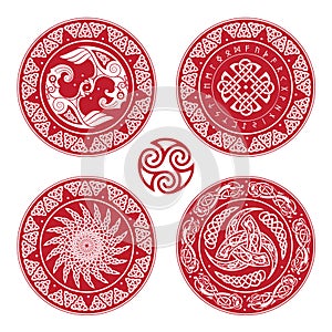 Set Viking shield, decorated with a Scandinavian pattern of dragons and Aegishjalmur, Helm of awe helm of terror