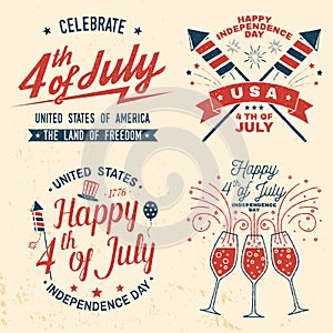 Set of Vintage 4th of july design. Fourth of July felicitation classic postcard. Independence day greeting card