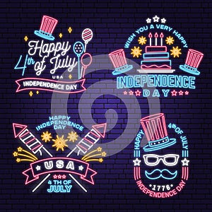 Set of Vintage 4th of july design in retro style. Vector Fourth of July felicitation neon sign. Night bright signboard