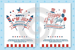 Set of Vintage 4th of july poster, flyer, template, card, fourth of July felicitation classic postcard. Independence day