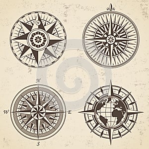 Set of vintage antique wind rose nautical compass signs labels