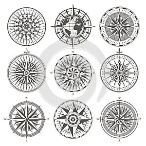 Set of vintage antique wind rose nautical compass signs labels e