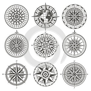 Set of vintage antique wind rose nautical compass signs labels e photo