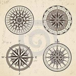 Set of vintage antique wind rose nautical compass signs labels