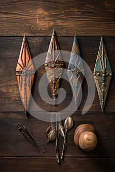 set of vintage arrowheads displayed on a wooden surface