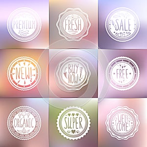 Set of vintage badges and blurred backgrounds. Hand-drawn lettering