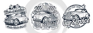 Set of vintage badges, stickers, signage for car service, wash, store of parts with retro car