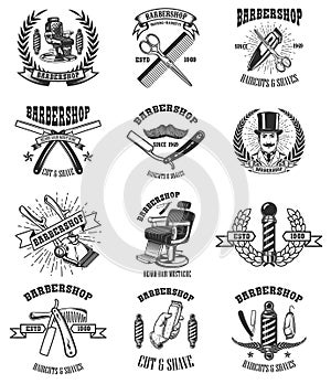 Set of vintage barber shop emblems, badges and design elements. for logo, label, sign