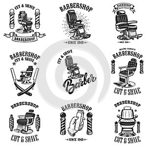 Set of vintage barber shop emblems with barber chair, badges and design elements. for logo, label, sign