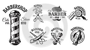 Set of vintage barbershop emblems labels badges logos scissors blade brush pole. Isolated on white background.