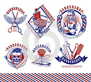 Set of Vintage Barbershop Emblems, Labels and Logos.The Barber with Hair Clipper and Hairbrush. Vintage Barber Chair