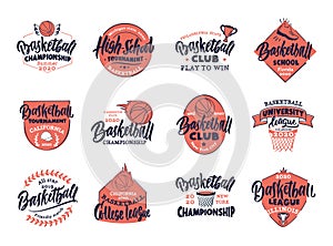 Set of vintage Basketball emblems and stamps. Basketball club, school, league colorful badges