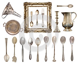 Set of vintage beautiful items. Silverware, frame, kettle, funnel and more isolated on white background