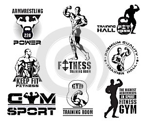 Set of vintage Bodybuilding and fitness room logos, design elements.