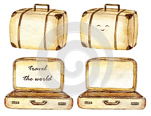 Set of vintage brown old watercolor suitcases. Watercolour leather travel bags isolated on white background