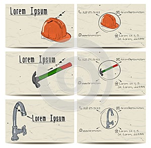 Set of vintage buisiness cards with faucet, hammer and helmet. Vector illustration EPS8