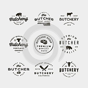 Set of vintage butchery logos. retro styled meat shop emblems. vector illustration