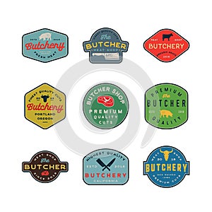 Set of vintage butchery logos. retro styled meat shop emblems. vector illustration