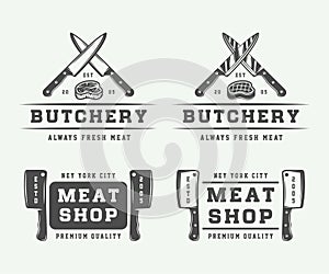 Set of vintage butchery meat, steak or bbq logos, emblems, badge