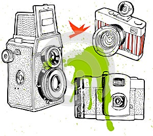 A set of vintage cameras, hand-drawn.