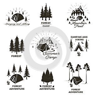 Set of vintage camping and outdoor adventure emblems, logos and badges. Camp tent in forest or mountains. Camping