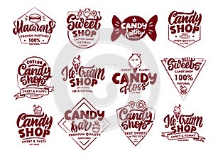 Set of vintage Candy emblems and stamps. Sweet shop badges, stickers on white background isolated