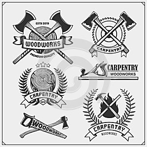 Set of vintage carpentry emblems. Woodwork  labels, badges, logos and design elements.