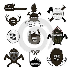 Set of vintage carpentry tools, icons, labels, logo.