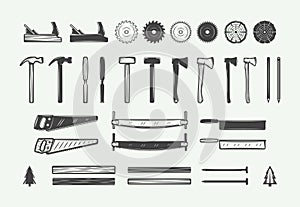 Set of vintage carpentry, woodwork design elements. Can be used for labels, badges, emblems and logo. Vector illustration.