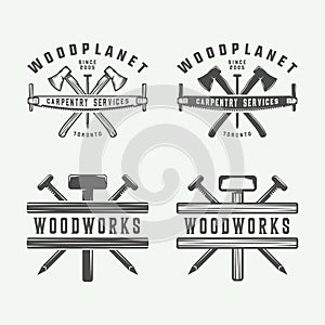 Set of vintage carpentry, woodwork and mechanic labels, badges,