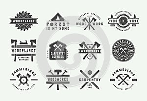 Set of vintage carpentry, woodwork and mechanic labels, badges, emblems and logo. Vector illustration.