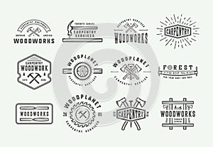 Set of vintage carpentry, woodwork and mechanic labels, badges, emblems and logo. Vector illustration. photo