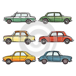 Set vintage cars illustrated various colors. Classic car collection, retro automobile style